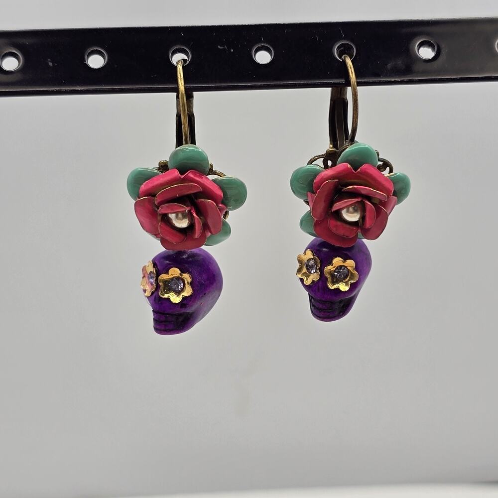 Ollipop Day Of The Dead Purple Skull Floral Pink Rosebud Romantic Goth Earrings